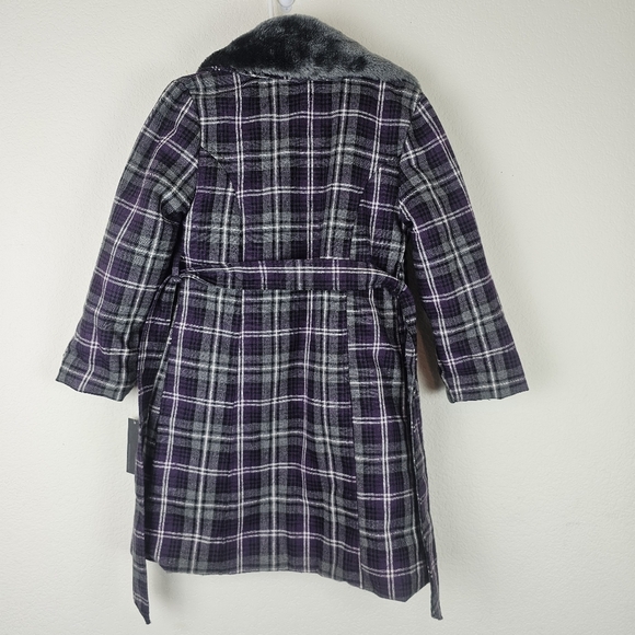 Kenneth Cole Reaction Plaid Coat with Faux Fur Collar Purple Gray Winter Warm - Picture 5 of 15